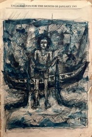 Shyamal Dutta Ray ( Indian 1934-2005) pen ink and watercolor on 1965 diary page: Shyamal Dutta Ray ( Indian 1934-2005) pen ink and watercolor on 1965 diary page Shyamal Dutta Ray was a Bengali contemporary painter. His paintings played a very important role in Bengal school of art