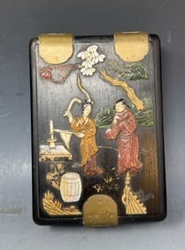 Chinese antique hardwood box inlaid with stone in a scene of figures in a garden (1 of 4)