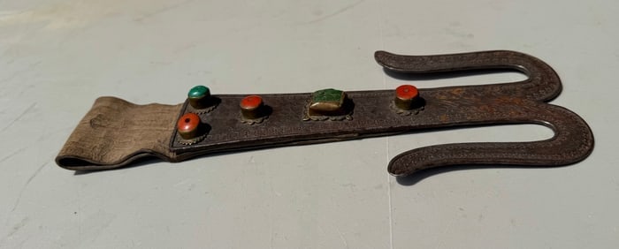 Antique Tibetan Festival Belt-Ornament Hook with Inlays of Coral & Turquoise: Antique Tibetan Festival Belt-Ornament Hook with Inlays of Coral & Turquoise, approximately 12 inches long by 5 inches wide