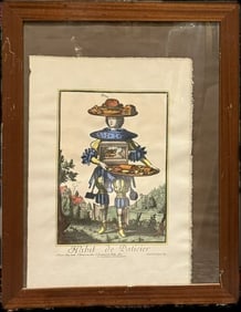 A print titled "Habit de Paticier" created by Nicolas de Larmessin II in the late 17th C.: A print titled "Habit de Paticier" (Costume of the Pastry Cook), created by Nicolas de Larmessin II in the late 17th century. It is part of a series of engravings called "Costumes Grotesques," which d