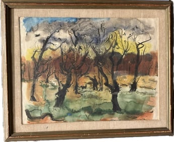 A vintage watercolor painting of a fall landscape featuring trees and water (1 of 3)