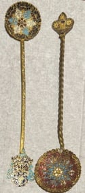 Two Antique 19th Century Champleve Enamel and Gilt Brass Decorative Spoon France 1880s: Two Antique 19th Century Champleve Enamel and Gilt Brass Decorative Spoon France 1880s , approximately seven and three-quarter inches long