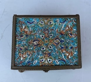 19th C. French Champlevé Enamel & Fire Gilt Bronze Metalwork Domed Top Jewel Box: Late 19th Century French ChamplevéEnamel & Fire Gilt BronzeMetalwork Domed Top Jewel BoxApproximately 5 x 3 x 6 3/4”This box features cloisonné enamel, a decorative technique where thin metal