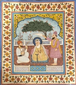 Indian Sikh school miniature painting showing Sikh Guru Nanak with his two desciples: Indian Sikh school miniature painting showing Sikh Guru Nanak with his two desciples.Size : 12.75 by 11 inches