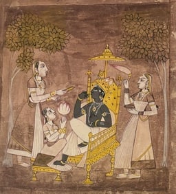 Indian Pahari school miniature painting of Lord Krishna and devotees: Indian Pahari school miniature painting of Lord Krishna and devotees Size : 7 by 6.5 inches