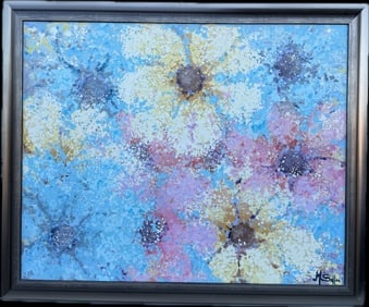 An abstract painting signed by M.Saffir: An abstract painting signed by "M.Saffir". The artwork appears to use an acrylic pouring technique, characterized by splashes of blue, purple, yellow, and white paint.The artist's signature is