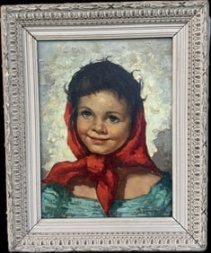 Oil on Canvas Titled: Girl in the red scarf" by Domenica "Dina" Jackson: Dina Jackson (also known asDomenica Jackson)The artist of the painting "Girl in the red scarf" is Domenica "Dina" Jackson. She is known for this particular painting, which has been shared in online co