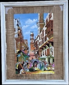 A papyrus painting by Ahmed Fathy, an Egyptian artist: A papyrus painting , by Ahmef Fathy, an Egyptian artist, depicts a scene of medieval Cairo, specifically a "wedding procession at El-Moez Street" or a scene with "The Governor" on his horse, talking t