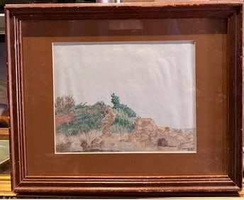 A watercolor painting of a landscape, possibly a coastal scene, signed by the artist "W. Reanngy: A watercolor painting of a landscape, possibly a coastal scene, signed by the artist "W. Reanngy 1989" in the bottom right corner. The painting depicts a rocky or grassy cliffside with a few trees and