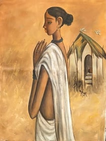 B Prabha (1933-2001) oil on canvas painting: Attributed to B Prabha who was an Indian artist who worked primarily on oil on canvas . She was one of the most well known artists of modern India . She painted elongated figure of pensive rural women