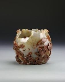 Antique Chinese Agate carved Brushpot: 19th century Antique Chinese Agate carved Brushpot with intricate carving of kids at the play approximately 6 x 6“