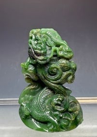 Antique Chinese spinach dragon sculpture: Antique Chinese, spinach dragon sculpture, approximately 3 3/4” H 29636