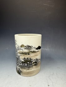 Vintage Chinese brush, painting with the landscape painting: Vintage Chinese Brushpot with the landscape painting mark on base approximately four and three-quarter inches high 3 1/2 inches diameter