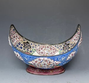 Antique Persian Hand Painted Enamel Bowl: Antique Persian Hand Painted Enamel Bowl, approximately 6 1/2 inches long 4 1/2 inches wide foot and quarter inches high minor enamel loss
