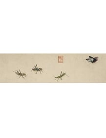 A Chinese insect painting and calligraphy silk scroll signed QibashiI: A Chinese insect painting and calligraphy silk scroll signed QibashiI, 4.93 meter long and 14.6 cm