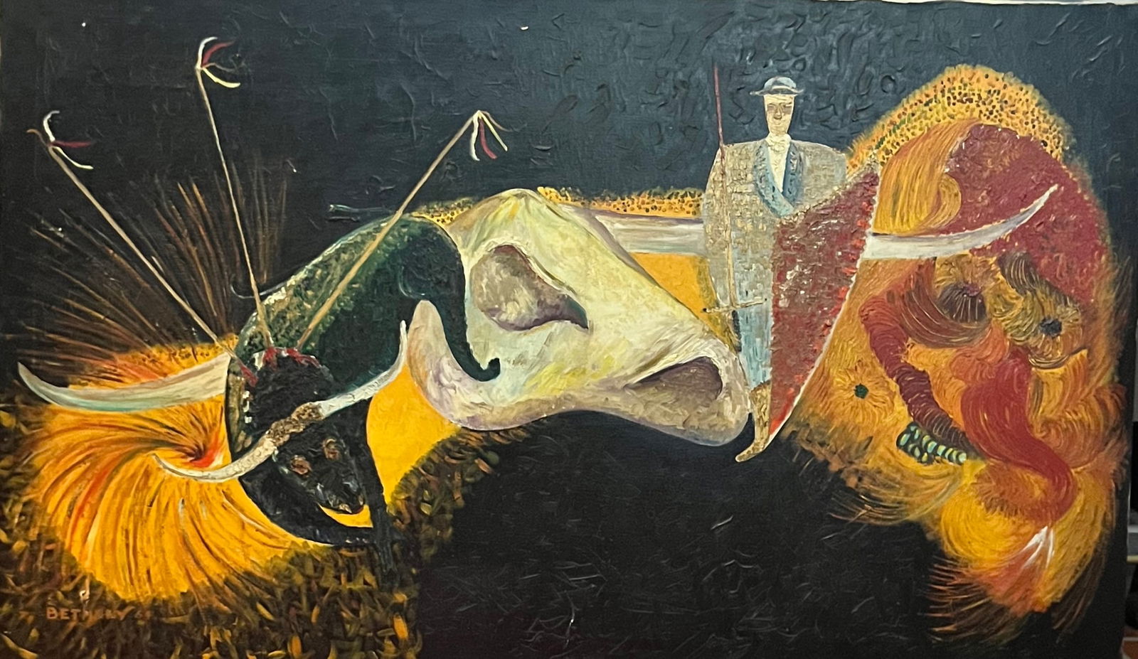 Large oil paint in of a bull fight: Large oil painting of a bull fight Done with a pallet, knife, good condition 1950s measurements are 50 x 30“Signature unknown bottom left
