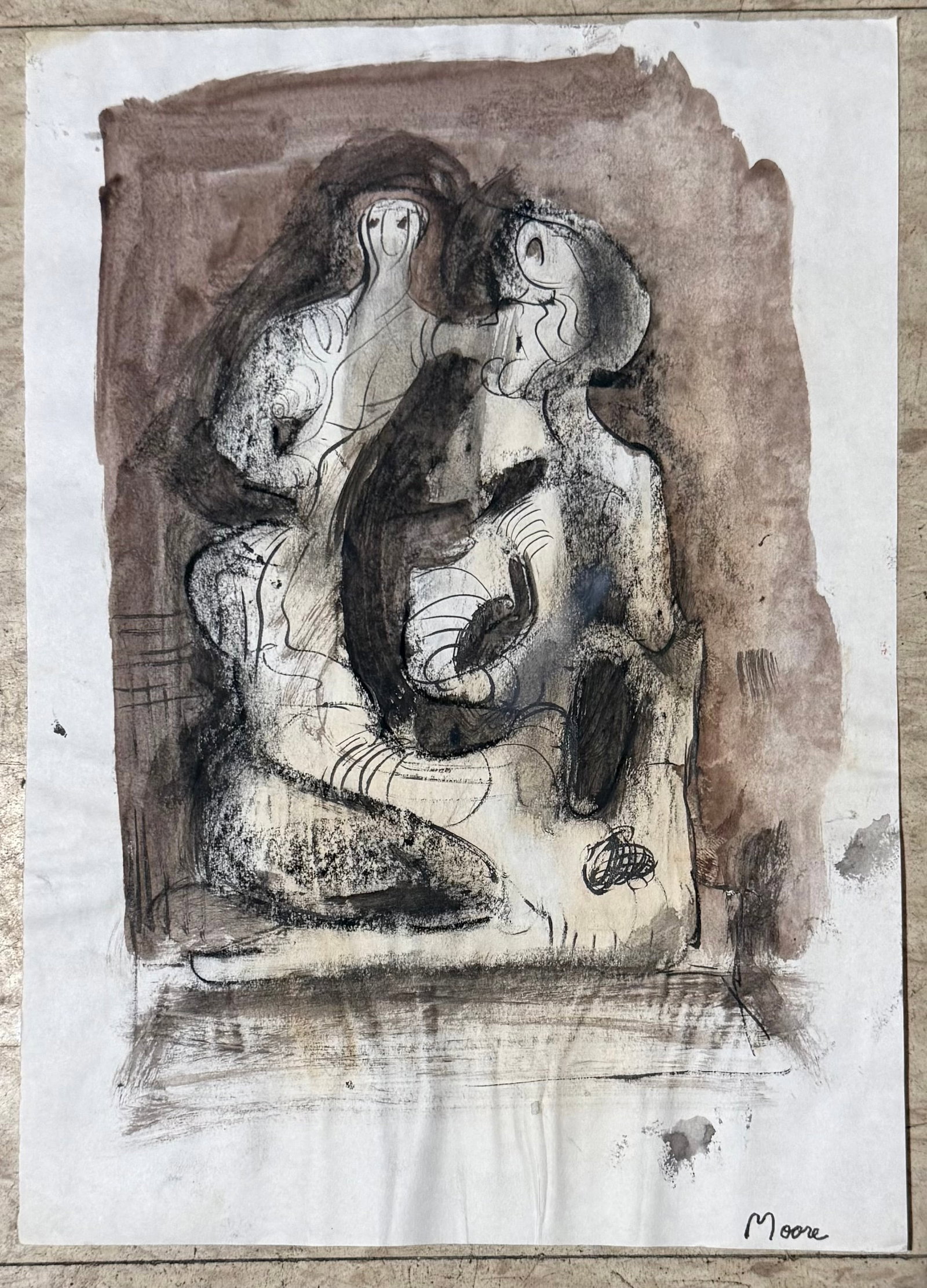 An abstract drawing of figurines with a signature of Moore: An abstract drawing of figurines with a signature of Moore on the lower right bottom, overall size: 21cm x 30cm