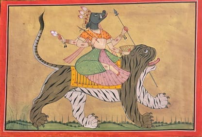 Indian Pahari school miniature painting of Rare Vishnu in Varaha form with four arms: Indian Pahari school miniature painting of Rare Vishnu in Varaha form with four arms riding on a lion Size : 11 by 7.5 inches