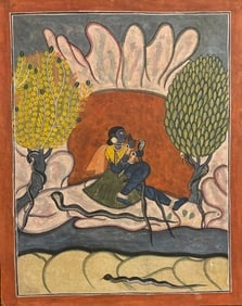 Indian Pahari school miniature painting of a saint holding a snake in one hand: Indian Pahari school miniature painting of a saint holding a snake in one hand and sitting with snakes around - a rare depiction Size : 10 by 8 inches