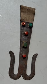 Antique Tibetan Festival Belt-Ornament Hook with Inlays of Coral & Turquoise: Antique Tibetan Festival Belt-Ornament Hook with Inlays of Coral & Turquoise, approximately 12 inches long by 5 inches wide