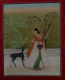 Indian Kangra School miniature painting of a musician followed by a deer (1 of 1)