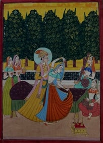 Indian miniature painting Udaipur school of a Royal couple dancing on palace ground (1 of 1)