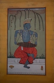 Indian miniature painting Pahari School of Krishna dancing on palace terrace: Indian miniature painting Pahari School of Krishna dancing on palace terrace Size : 10 by 6 inches