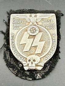 WWII German Rare Early SS Commemorative Badge “Aufmarsch Abschnitt XI Gruppe West”: WWII German Rare Early SS Commemorative Badge “Aufmarsch Abschnitt XI – Gruppe West”, Frankfurt am Main, 10–11 June 1933Early commemorative badge from the formation period, struck in silve