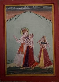 Indian Udaipur School miniature painting of a Royal couple followed by an attendant: Indian Udaipur School miniature painting of a Royal couple followed by an attendant Size : 6 by 4.3 inches