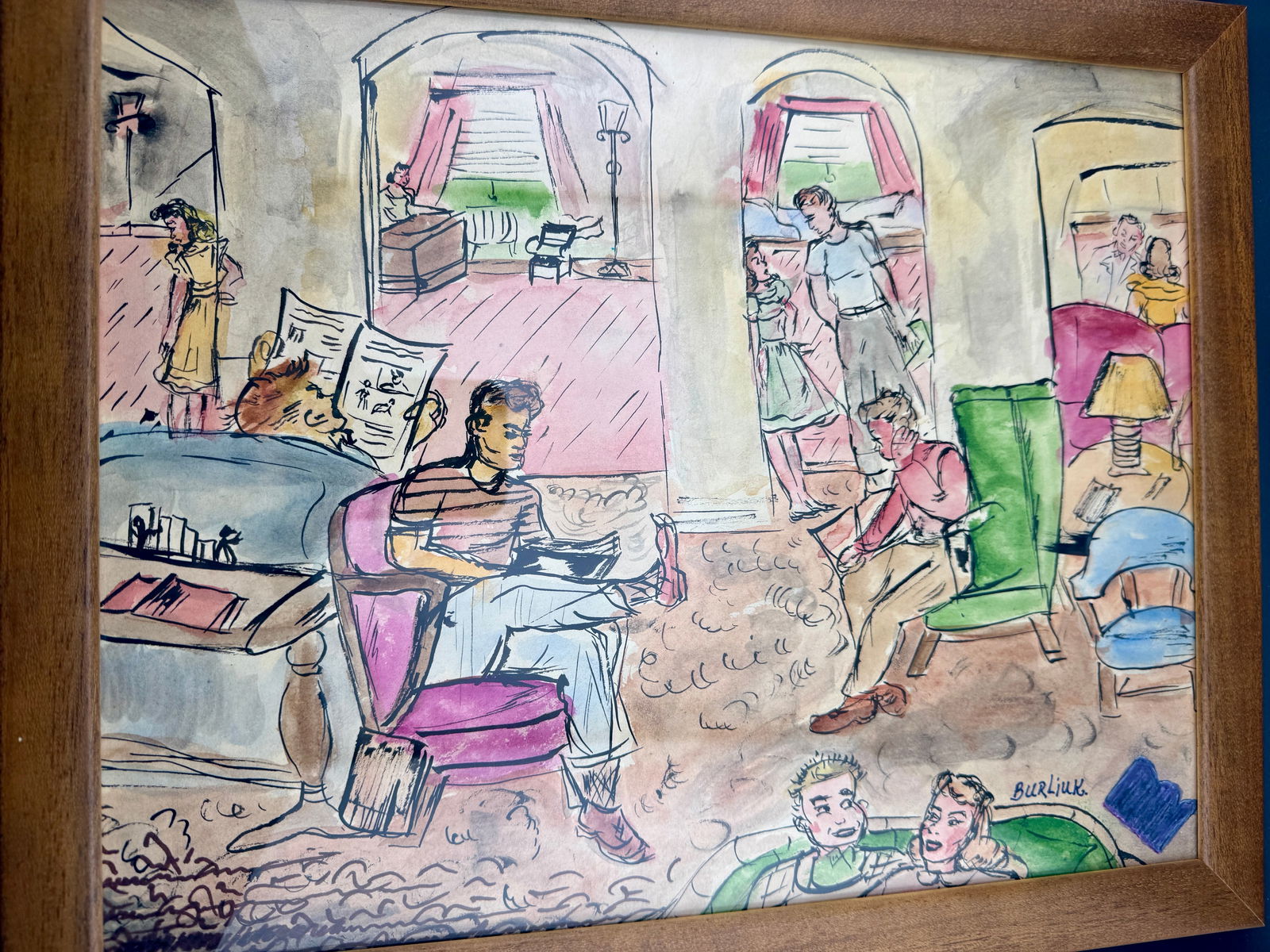 David Burliuk (1882–1967) Double-sided drawing with watercolor: Ink and watercolor on paper.Signed: BURLIUK.Multi-figure genre composition executed in the artist’s mature manner, with confident line work and loose watercolor washes.The verso bears a quick line s