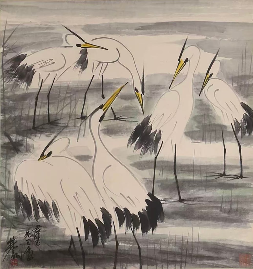 Chinese Scroll Painting of Cranes Atribute to Lin Fengmin (1 of 5)