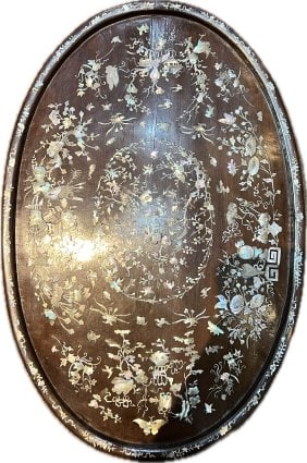 Antique Chinese Oval Tray with Inlays of Mother of Pearl: Antique Chinese Oval Tray with Inlays of Mother of Pearl, 8 3/4 D. Please note that this item is in Manhattan NY and the shipper's information will be mailed to the winning bidders after the auctions