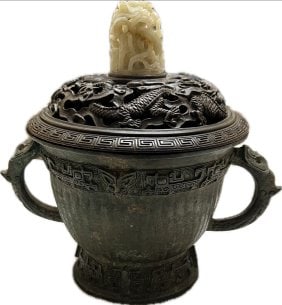 Antique Chinese Bronze Censor With Zitan Wood Lid Jade Finial (1 of 6)