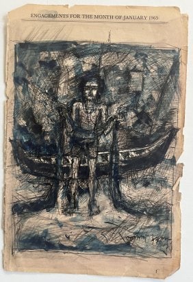 Shyamal Dutta Ray (Indian 1934-2005) Pen Ink Watercolor on a Diary Page (1 of 1)