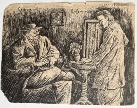 Devi Prasad Roy Chaudhuri (Indian.1899-1975) Pen and Ink Sketch Signed on Top: Devi Prasad Roy Chaudhuri (Indian.1899-1975) Pen and Ink sketch signed on top DP Roy Choudhury was an Indian sculptor,painter and Educator. He worked in broad spectrum of mediums including watercolor,