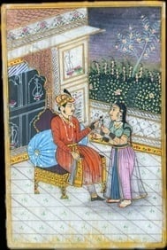A vintage handmade Mughal miniature painting on porcelain plaque depicting a royal scene: A vintage handmade Mughal miniature painting on porcelain plaque depicting a royal scene, likely a king (Maharaja) and a queen or courtesan, in an opulent palace interior.The artwork is a traditional