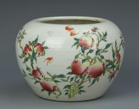 Antique Chinese Famille Rose Brush Pot: China, ROC Period, Famille Rose brush pot, bulbous form tapering to a thinner base, white painted ground, peach designs. Height 4 1/2 in., Width 3 in.