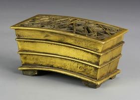 Antique Chinese Bronze Rectangular Censer: China, 18th C., very rare rectangular censer, with stylized leaf motif, footed base, and mild patina. Length 5 3/4 in., Height 3 in., Width 3 in.