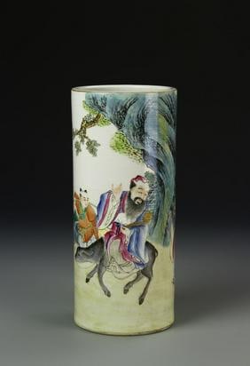 Antique Chinese Famille Rose Hat Vase: China, 19th C Famille Rose hat vase, cylindrical body, flat base, decorated in bright colors depicting a scene of a warrior travelling on horseback through the woods, Guangxu mark on base. Height 10