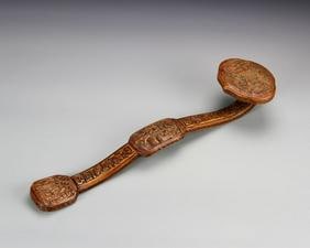 Antique Chinese Boxwood Ruyi Scepter: China, 19th C., boxwood ruyi scepter, the end, collar and head each with intricately carved garden scenes with scholarly figures occupied in various activities, the shaft densely decorated repeating