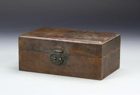 Antique Chinese Hardwood Scholar's Box: China, 19th C., hardwood scholars box, unmarked or engraved, with dark metal latch and hinges, with appropriate age-wear. Length 9 in., Width 5 3/8 in., Height 3 3/8 in.