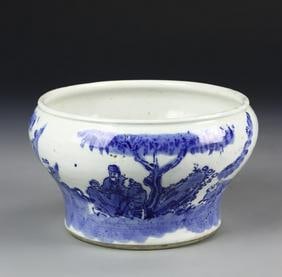 Antique Chinese Blue and White Jar: China, ROC period, Blue and White Jar, minor hairline on base. Height 4 1/2 in., Width 7 1/4 in.