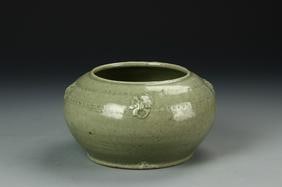 Antique Chinese Yue Yao Jar: China, Song dynasty, Yue Yao jar, everted rim at open mouth, round body on flat base, four raised elephant emblems and two slim borders, deep olive green speckled glaze throughout with high shine