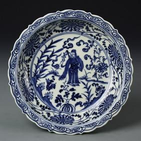 Antique Chinese Blue and White Plate: China, ROC, blue and white plate, deep potted dish with slightly fluted rim, blue painted decoration throughout with center image of a robed figure in a garden landscape. Diameter 8 1/2 in.