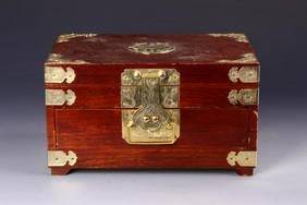 Chinese Wood Jewelry Box With Brass Works: China, vintage wood jewelry box with brass works.12 in., 6 3/4 in., 8 in.