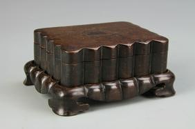 Antique Chinese Zitan Ink Box: China, Antique Zitan Ink Box with Base, in an organic dark shade, with widely scalloped edges, with natural wood grain showing. Height 4 in., Length 5 1/2 in.