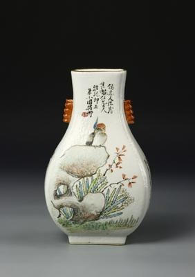 Antique Chinese Famille Rose Vase: China, ROC., Famille Rose vase, square mouth, hexagonal sides on footed base, two brown tubular ears, painted scene of birds on rocks on both sides. Height 9 1/4 in.