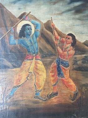 Large Indian Early Bengal Oil on Canvas Painting (1 of 2)