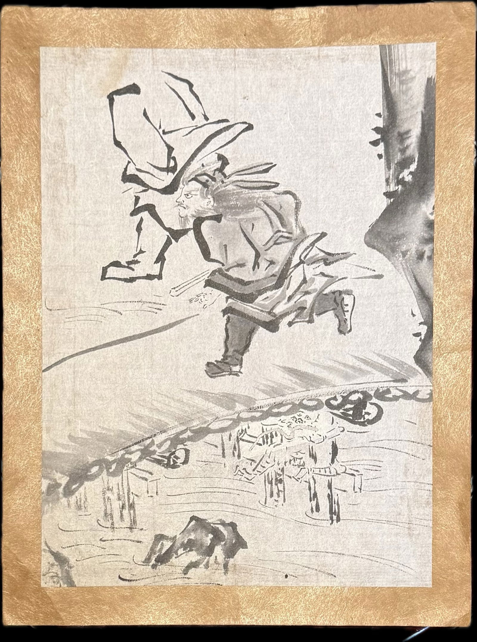 Antique Japanese ink wash painting (sumi-e) depicting a figure from Zen Buddhist history: Antique Japanese ink wash painting (sumi-e) depicting a figure from Zen Buddhist history, likely the monk Huineng (Daikan Eno) or a similar Zen figure, based on the artistic style. The artwork feature