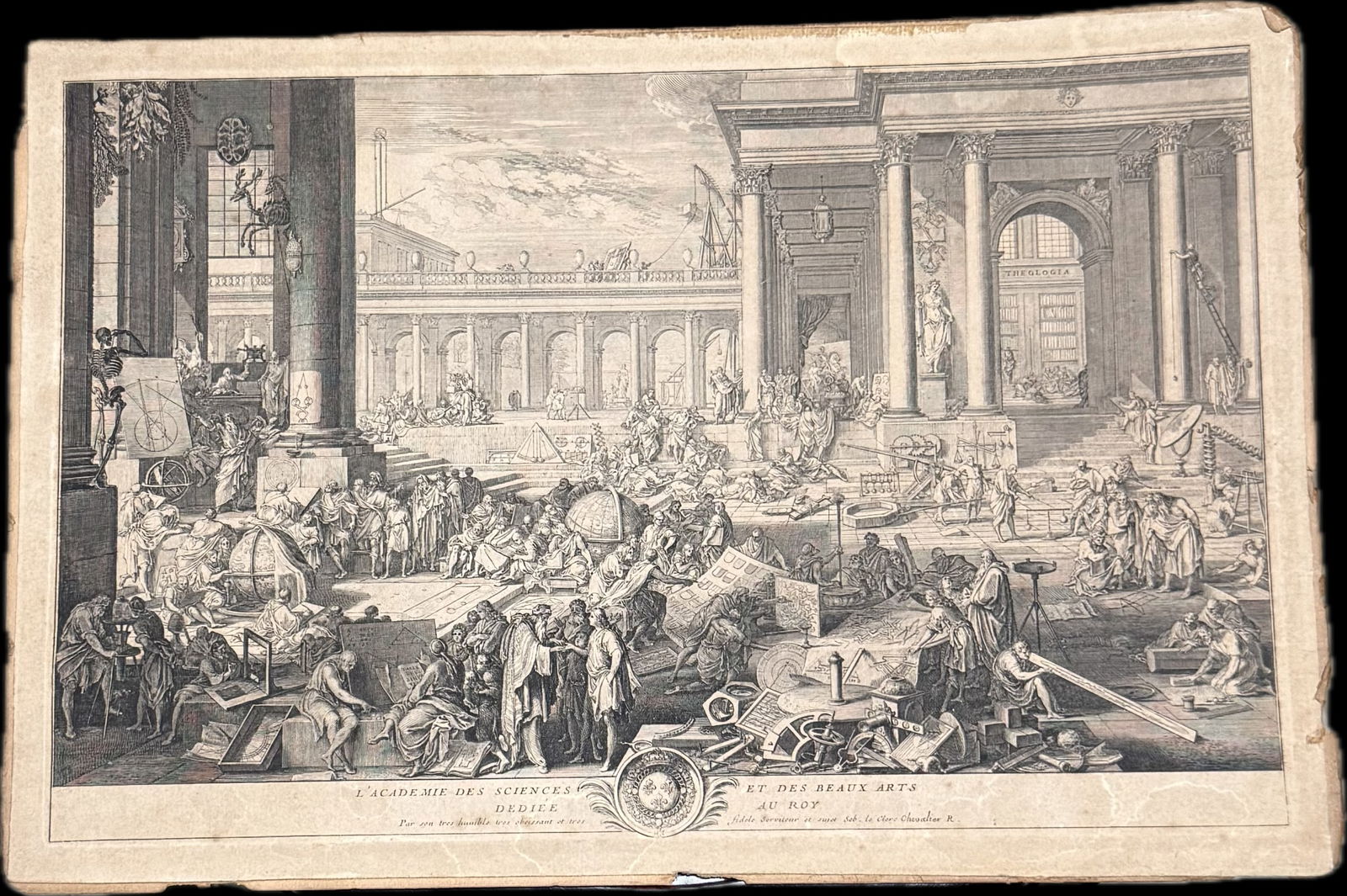 A vintage collectible fine art print titled "L'Académie des Sciences et des Beaux-Arts": The item shown is a collectible fine art print titled "L'Académie desSciences et des Beaux-Arts" (The Academy of Sciences and Fine Arts).Artist: Sebastien Leclerc I (French, 1637-1714). 10” x 1